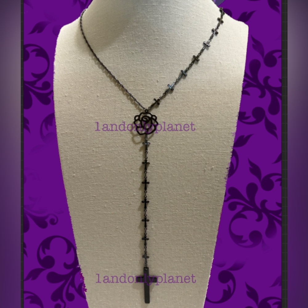 🌹HP🌹Adjustable Black Metal Rose & Gothic Cross Chain Lariat Enchanted Necklace - Picture 2 of 8